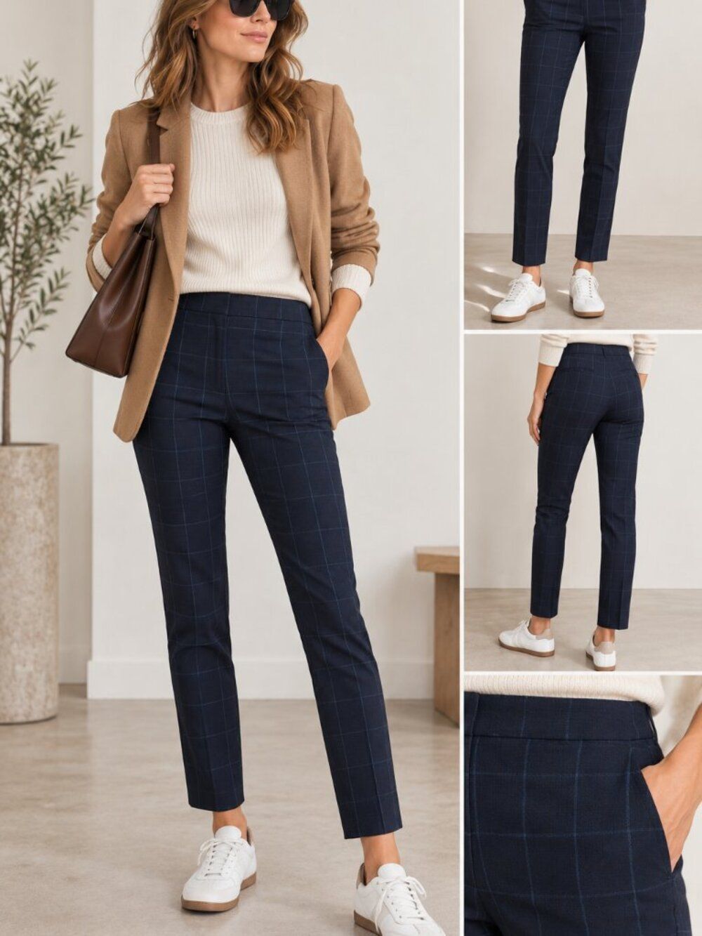 Rag & bone Simone Slim Ankle Pants Navy Blue Windowpane Plaid Cotton Size 12